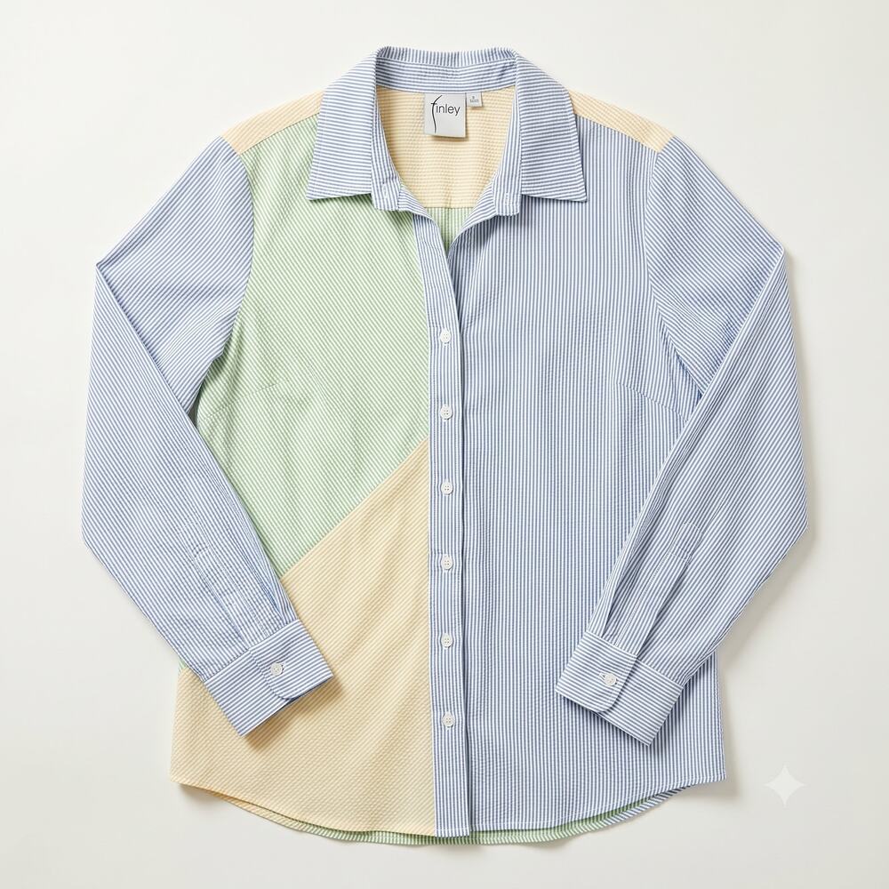 Finley Women's L Coastal Preppy Resortwear Topanga Colorblock Seersucker Shirt